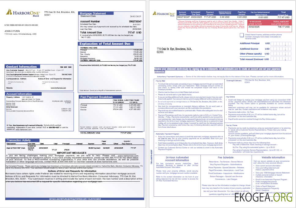 Relevé hypothécaire USA HarborOne Bank aux formats Word et PDF, 3 pages 1 , 2
